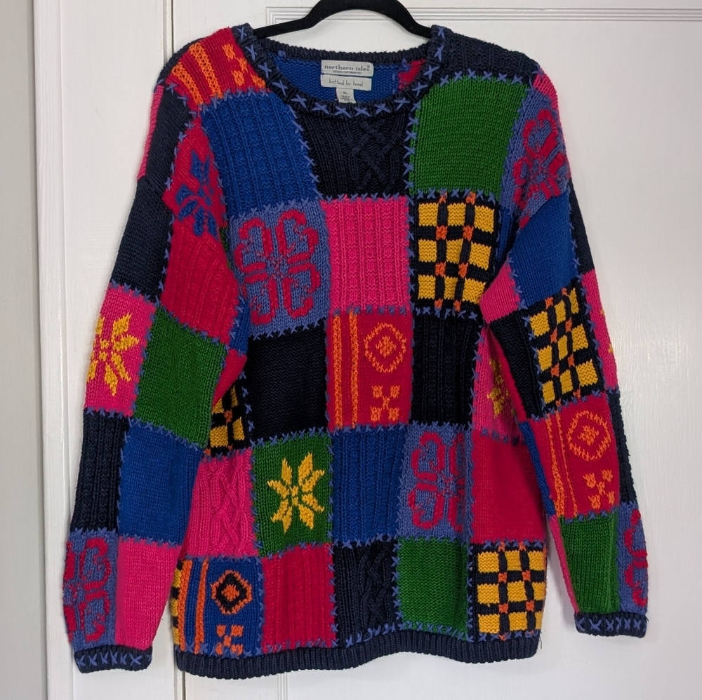 Northern Isles Hand Knit Patchwork Sweater XL Multicolor Chunky Knit Retro